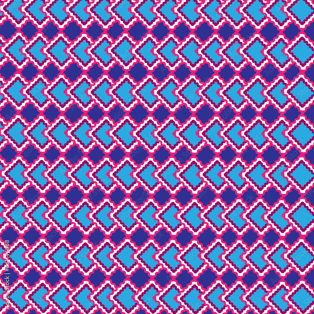 Fondo geométrico en tonos azules y rosas.
