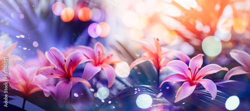 Pink flowers in full bloom. The flowers are facing towards the right side of the image. The background consists of purple and blue bokeh lights with some green foliage. Dreamy and magical mood.