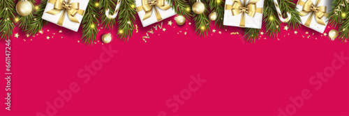 Realistic Christmas horizontal banner on a red background with fir green branches, Christmas decorations and gifts with gold bows around glitter. Vector illustration.
