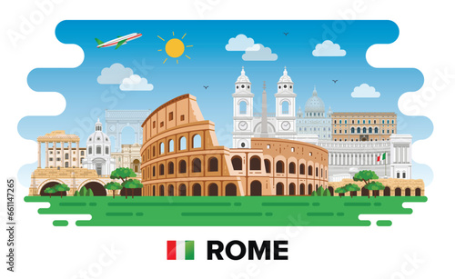 Rome, Italy. Modern buildings and city sights. Vector illustration