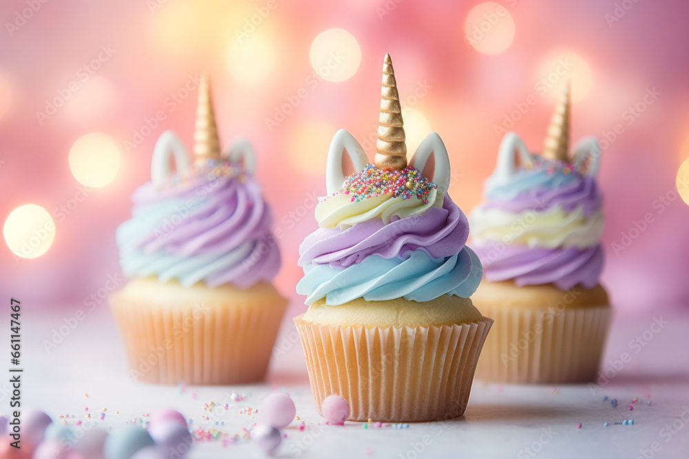 Unicorn birthday party: colorful pastel color Unicorn cupcakes on a pastel bokeh background