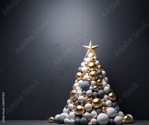Christmas tree made of decorative New Year s pastel pink toys balls. Gold and silver balls.Interior