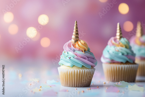Unicorn birthday party: colorful pastel color Unicorn cupcakes on a pastel bokeh background © World of AI