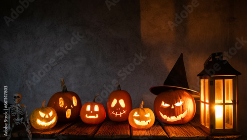 halloween background with jack'o'lanterns in the night