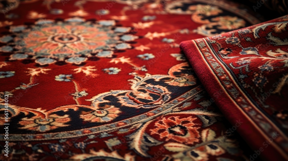 Aged elegance: An abstract view of an old red Persian carpet texture, showcasing the intricate details of traditional textile art and ornate design