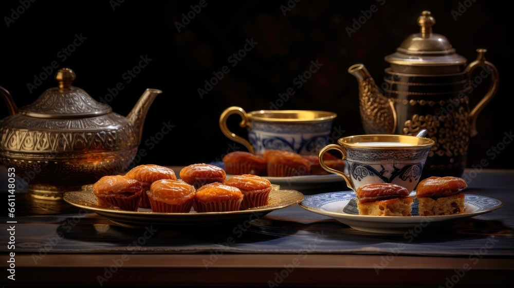 Fototapeta premium Ramadan indulgence: A tempting spread of special dates, Maamoul, and Arabic coffee in elegant cups, celebrating the culinary delights of this festive season
