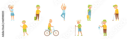 Active Elderly People Characters Enjoy Thei Hobby and Lifestyle Vector Set