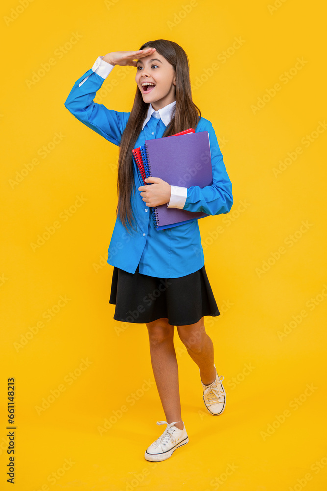teen girl gets high education in school holding workbook to study at lesson teen girl gets high education in school holding workbook to study at lesson