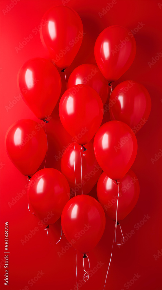 Red balloons on a red background. Festive background with copy space.