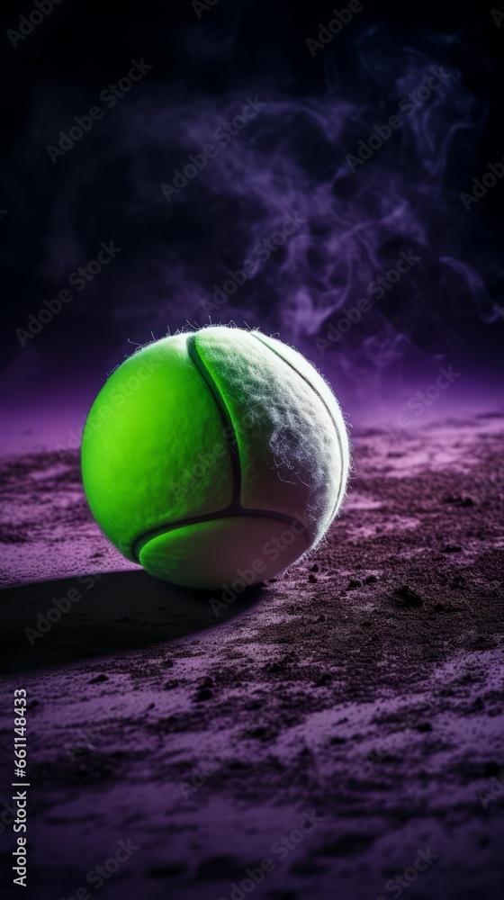 Tennis ball on the court in dark purple green colors. Sport tennis. Vertical format for banners, poster, wallpaper. AI generated.