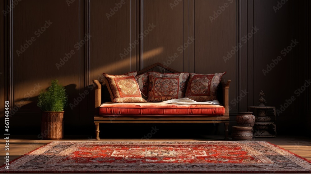 Classic interior: Enhance your vintage decor with a traditional Arabian red rug, woven with intricate motifs and timeless cultural charm." - obrazy, fototapety, plakaty 