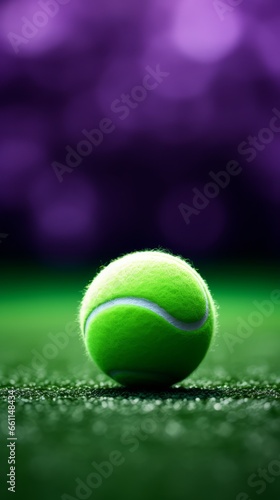 Tennis ball on grass in dark purple green colors. Sport tennis. Vertical format for banners, poster, wallpaper. AI generated. © Magiurg