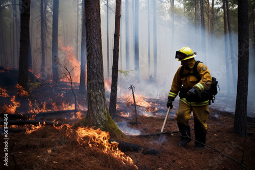 Professional firefighter fights wildfire. Firefighter extinguishing forest fire