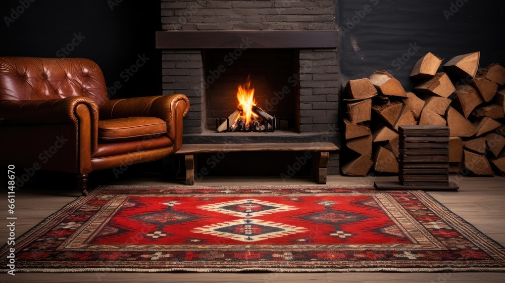 Classic interior: Enhance your vintage decor with a traditional Arabian red rug, woven with intricate motifs and timeless cultural charm." - obrazy, fototapety, plakaty 