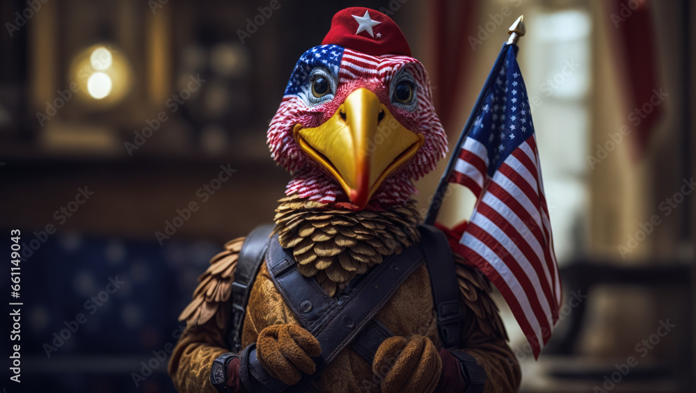 Thanksgiving concept with a turkey figure in USA flag colors, wearing a red beret, against a bokeh background with copy space.