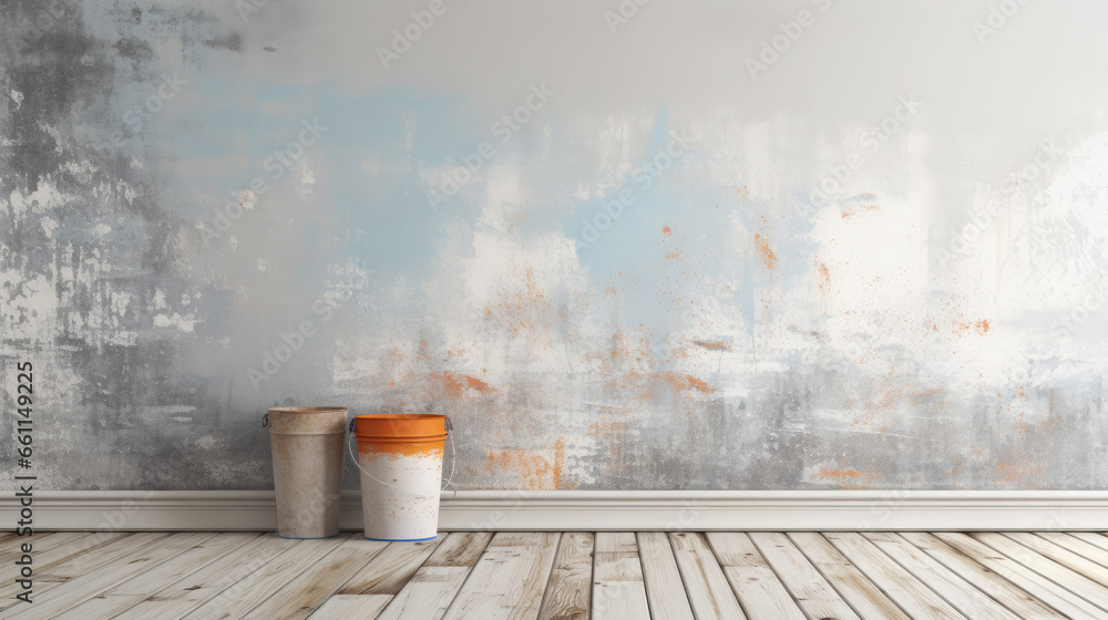 a bucket or jar of paint on the background of a painted wall, repair, construction, house, apartment, painting, colorful, workshop, space for text, bright colors, interior, design, studio - obrazy, fototapety, plakaty 