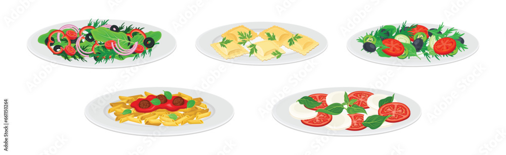 Italian Food and Traditional Dishes Served Vector Set Italian Food and Traditional Dishes Served Vector Set