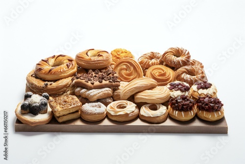 a assortment of pastries are arranged on top of a wooden board in white background