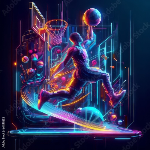 High-Fly Hoops: Dynamic 3D Sports Poster Design Featuring Running Basketball Action and High Jumps in Digital Neon Illustration © Just4creative