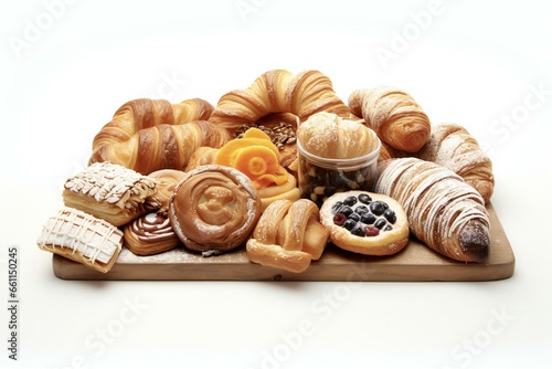 a assortment of pastries are arranged on top of a wooden board in white background