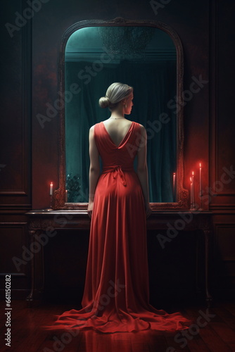 An elegant blonde woman turned in front of the mirror. Red dress. Darkness room 