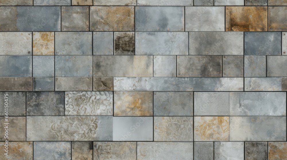 Fototapeta premium Vintage charm: An old brown and gray rusty square mosaic of patchwork motif tiles adorns the aged concrete wall, creating a shabby, retro texture for your wallpaper background