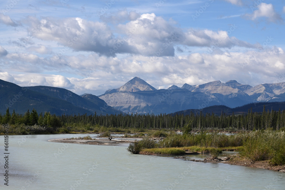 Landscape of Canada with river and Mountains. Jasper National Park, Alberta, Canada.
