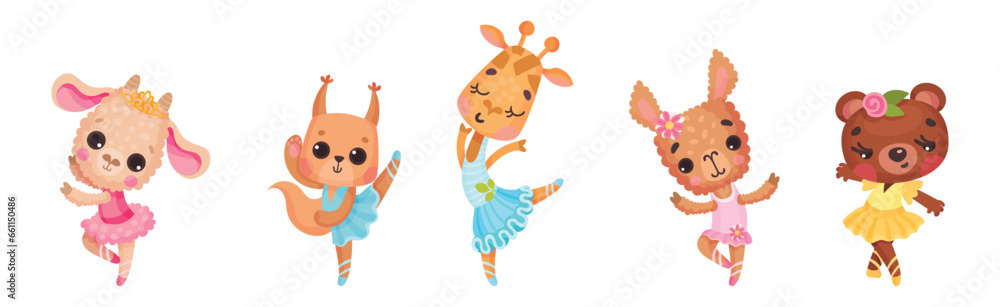 Animal Character Ballet Dancing in Tutu Skirt Vector Set Animal Character Ballet Dancing in Tutu Skirt Vector Set