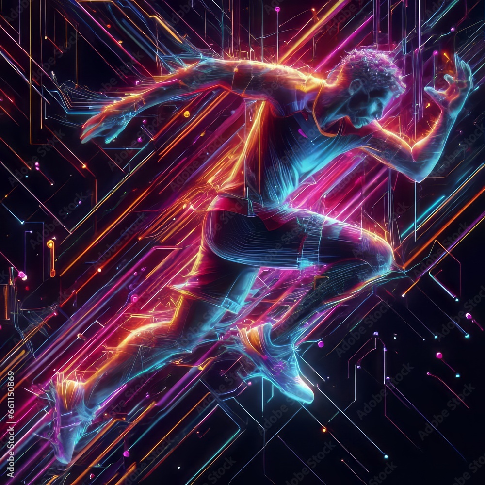 Sprint to Glory: Dynamic Sports Poster Designs in Digital Neon 3D Rendered Style, Capturing the Thrill of the 100-Meter Race Sprint to Glory: Dynamic Sports Poster Designs in Digital Neon 3D Rendered Style, Capturing the Thrill of the 100-Meter Race