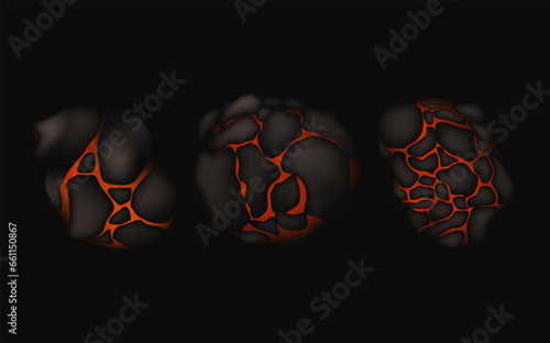 Stylized abstract background of volcano magma glow texture in cracking holes.Destroyed earth surface and flowing lava.Shine texture after an earthquake.