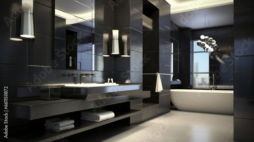 Black Contemporary Bathroom Design. Generative AI.