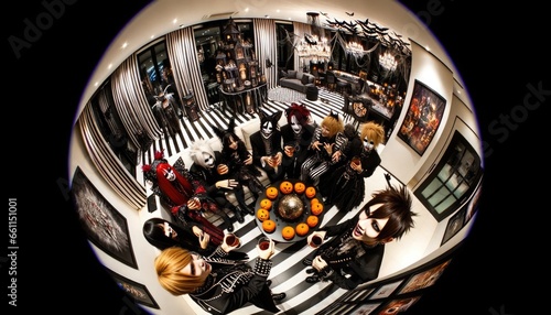 Photo with a fisheye lens effect of a contemporary room decorated for Halloween in gothic style. A circle of friends in avant-garde gothic fashion are seen chatting and laughing.