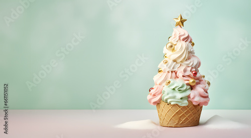 Sweet ice cream pastel Christmas tree. Festive Christmas and New Year holiday season baking idea. Delicious Ice cream in a magical  xmas Candyland 