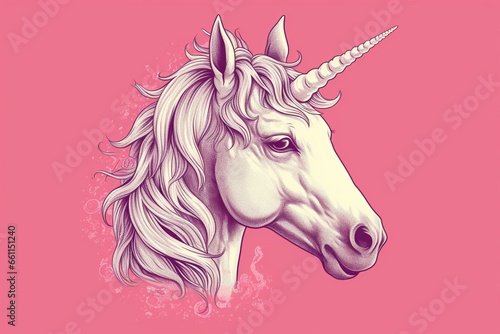 Magical unicorn face illustration on a pink background. Generative AI