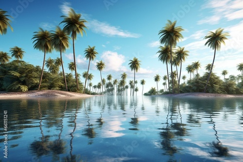 3D rendering of palm trees on a tropical shore. Generative AI © Iolanthe