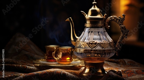 Cultural elegance: A still life of an ornate Saudi Coffee Dallah, embodying the rich heritage and artistry of Arabic coffee culture