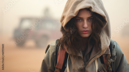 Portrait of a woman wearing a hooded jacket in a post-apocalyptic scene as she walks away from a disabled car in the background. Low visibility due to a dusty, gloomy atmosphere.