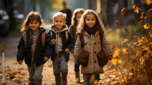 Back to School Concept: Children Walking Home from School Through Autumn Leaf-Covered Streets at Sunset