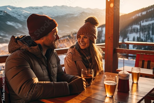 A cheerful young couple shares happiness and love on a winter vacation, enjoying hot drinks in cafe and the snowy outdoors.
