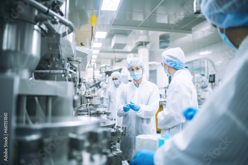 In a modern industrial facility, a team of scientists, engineers, and technicians work together to maintain and operate cutting-edge technology for pharmaceutical production.