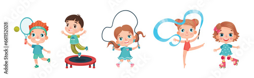 Little Kids Engaged in Sport and Physical Activity Vector Set