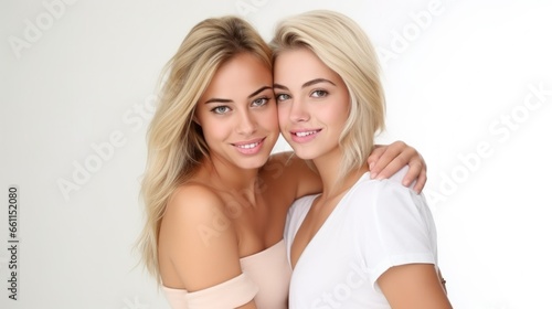 Two young blonde girlfriends hugging