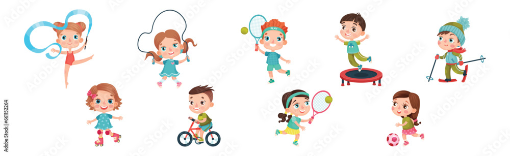 Little Kids Engaged in Sport and Physical Activity Vector Set Little Kids Engaged in Sport and Physical Activity Vector Set