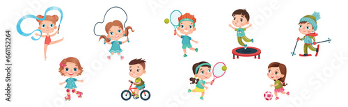 Little Kids Engaged in Sport and Physical Activity Vector Set
