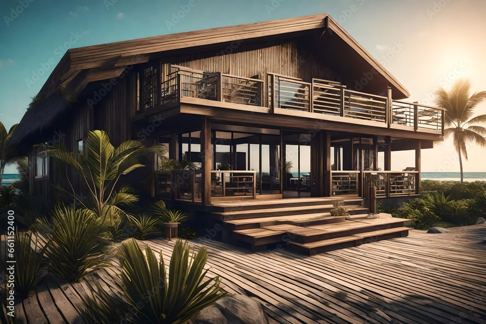 Beachfront bungalow with a wide deck overlooking the ocean - AI Generative Beachfront bungalow with a wide deck overlooking the ocean - AI Generative