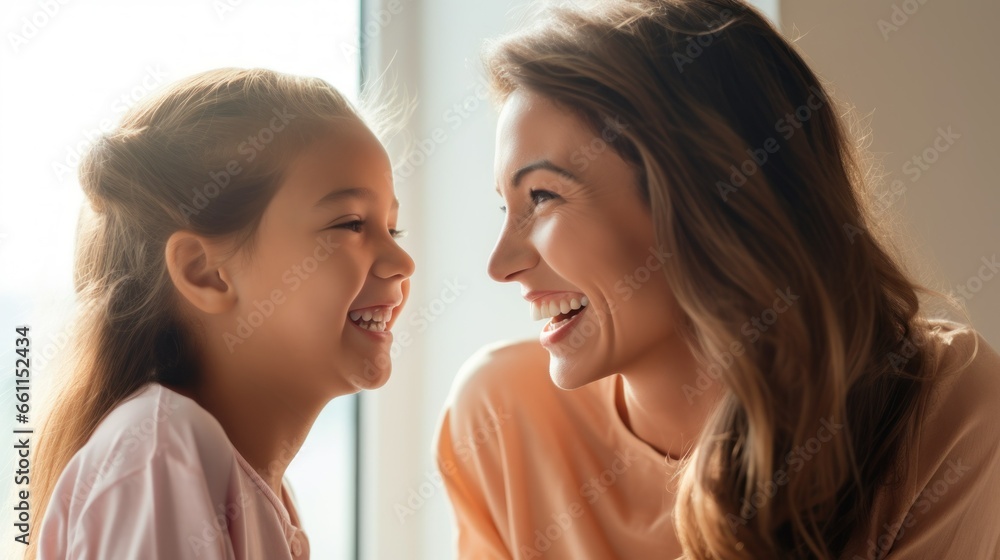 Mother and little girl looking at each other and laughing Mother and little girl looking at each other and laughing