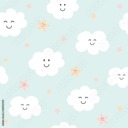 Seamless pattern with cute clouds and stars. Background for kids. Vector illustration. It can be used for wallpapers, wrapping, cards, patterns for clothes and other.