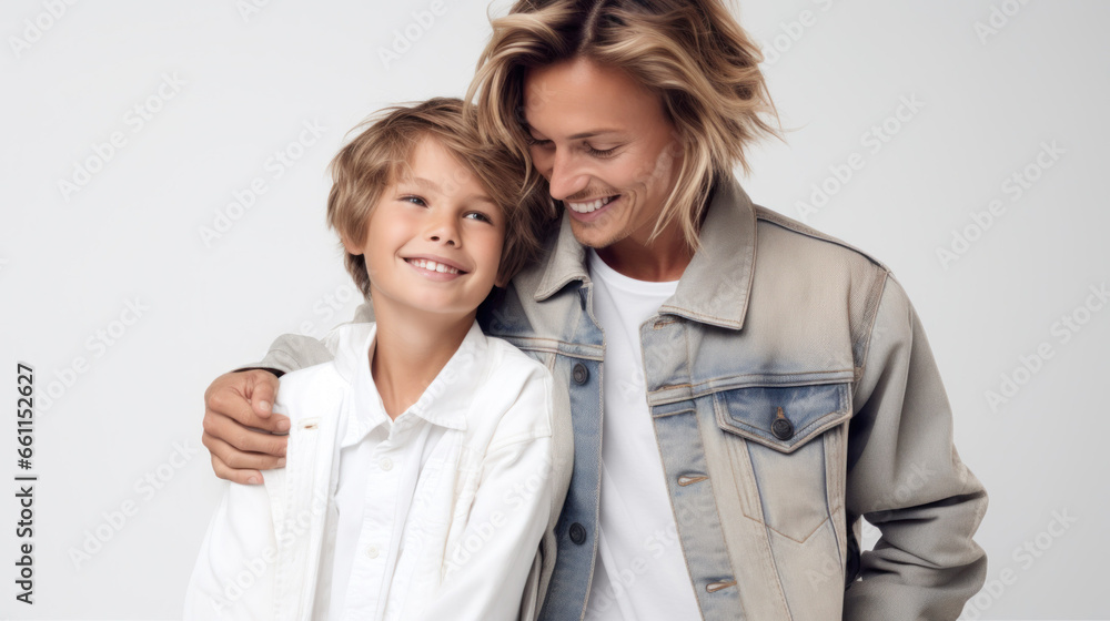 Blonde mom and her little boy hugging and smiling Blonde mom and her little boy hugging and smiling