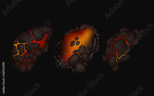 Stylized abstract background of volcano magma glow texture in cracking holes.Destroyed earth surface and flowing lava.Shine texture after an earthquake.