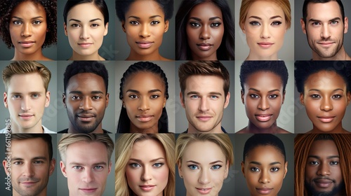 Diverse image: A captivating collage of hundreds of multiracial individuals, smiling and gazing at the camera, exemplifying the beauty of multicultural society and inclusivity